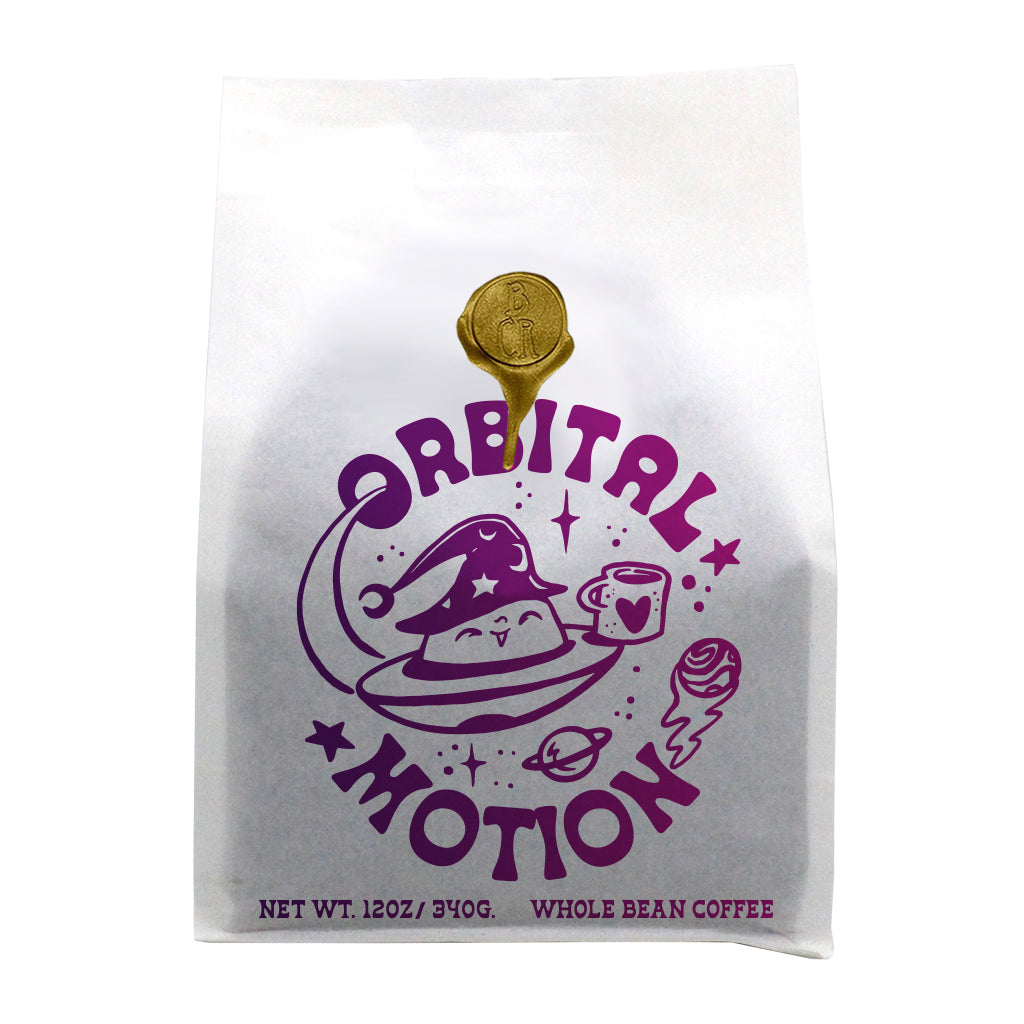 Coffee bag with 'Orbital Motion' branding on a white background